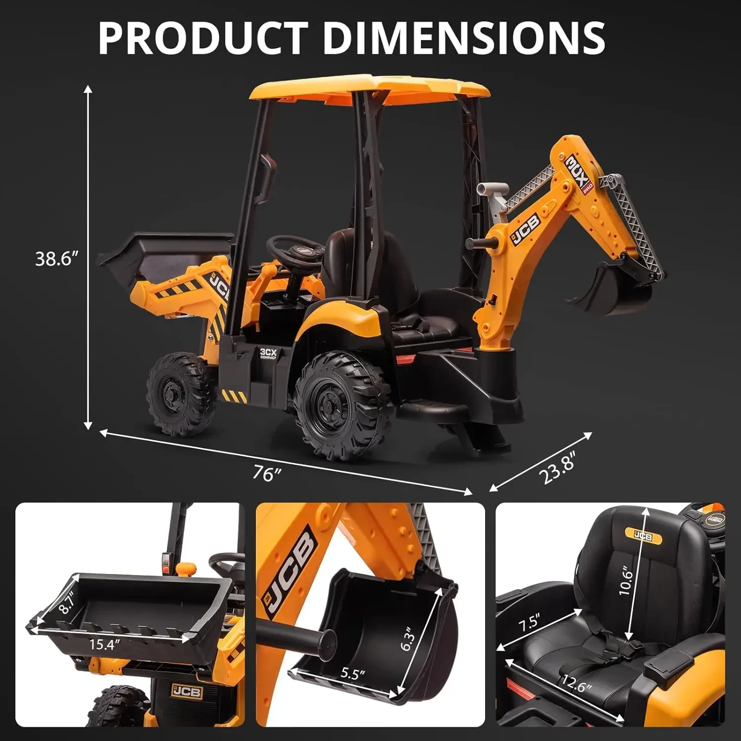 4 in 1 Ride on Excavator, 12V Licensed JCB Excavator Ride on Toy with Remote Control, Front Loader, Horn and EVA Tires