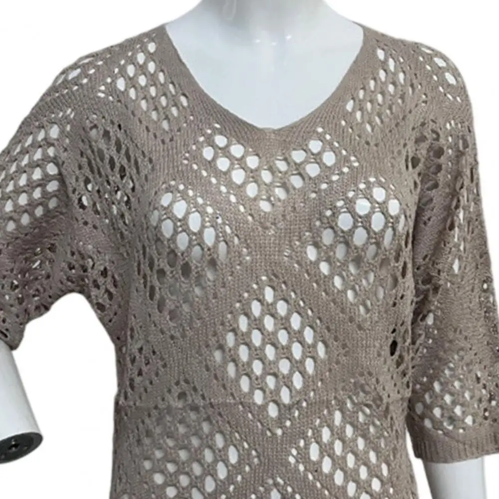 

Knitting Loose Swimsuit Cover-Ups Sexy Hollow Out Round Collar Top Women Summer Beach Holiday Fashion Sunscreen Smock Top