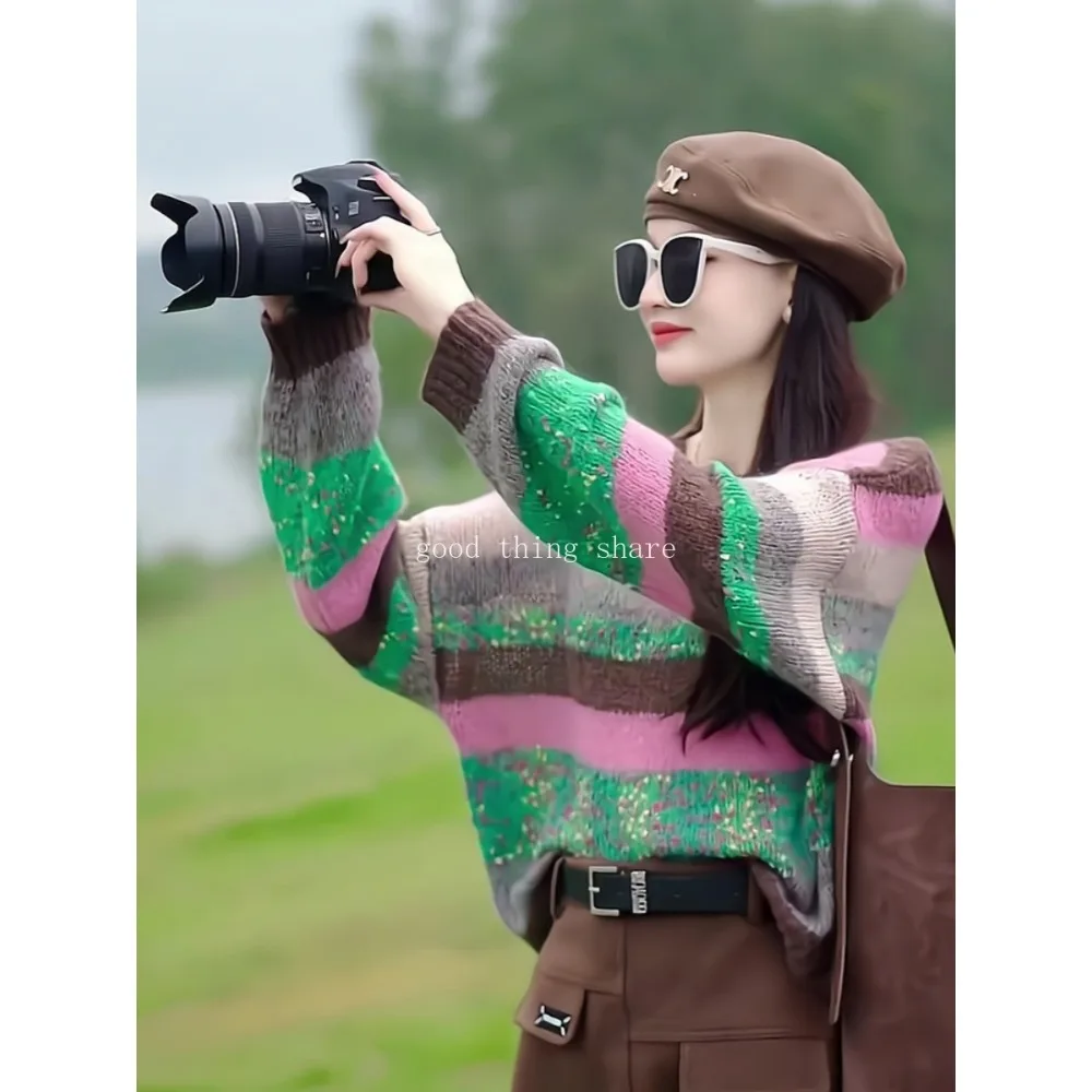 

Autumn 2023 New Contrast Color Striped Patchwork Knitting Sweater Long Sleeve Women's High-Grade Top Fashion