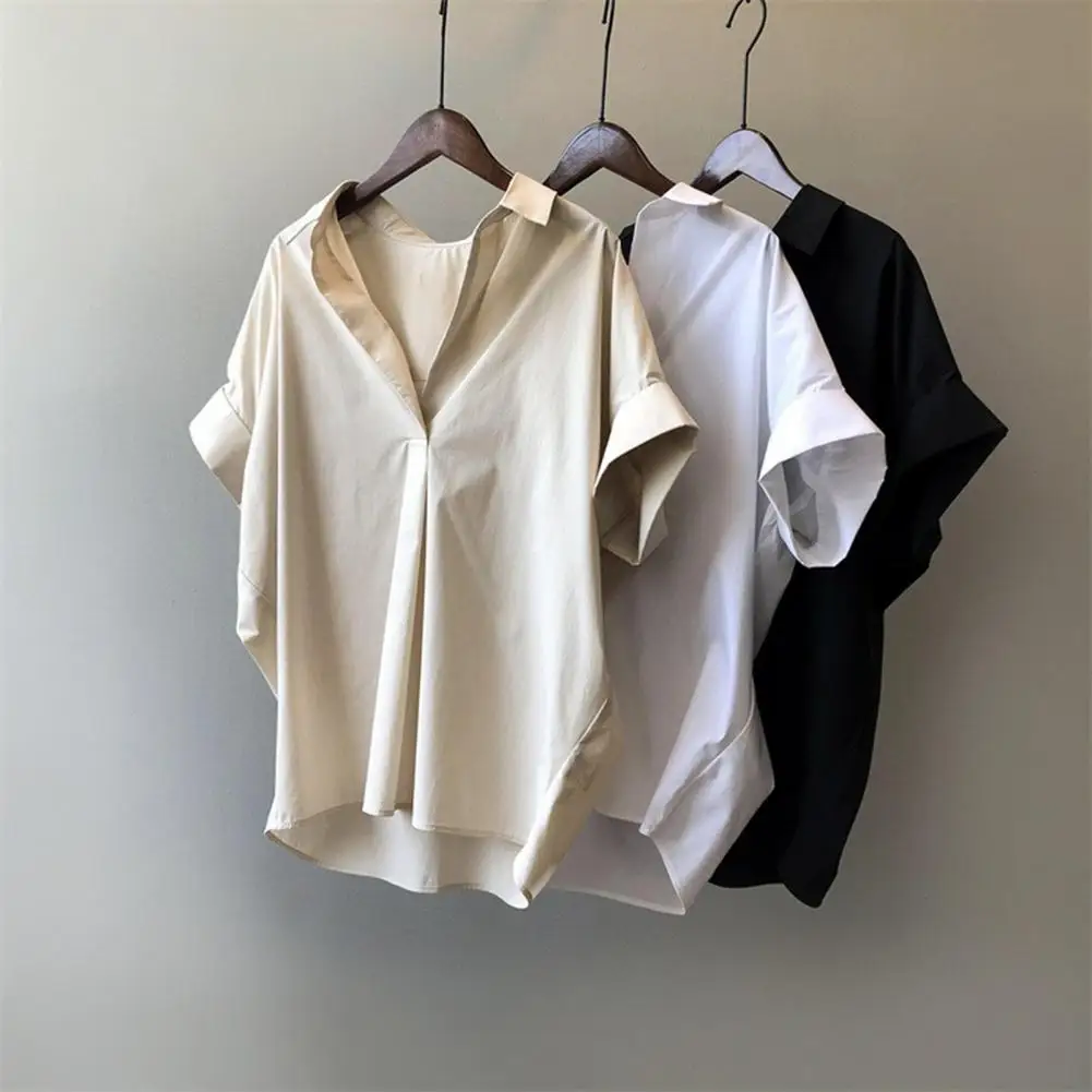 Camisa de verano para mujer, jersey de manga corta con solapa de Color sólido, Tops holgados, camisas finas transpirables de verano para oficina, ropa de trabajo