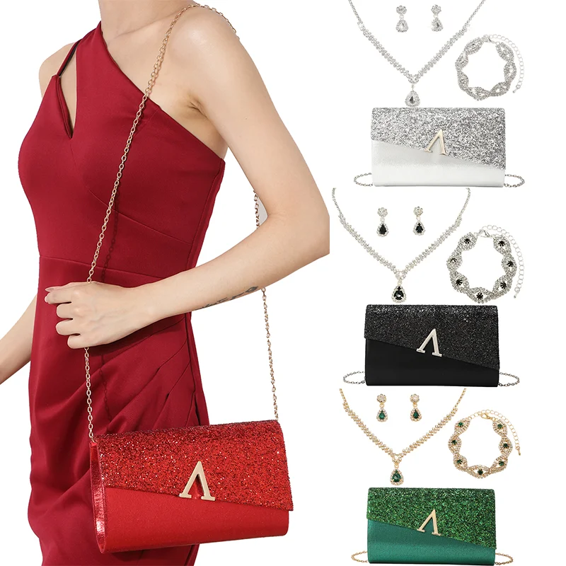 

Evening Banquet Handbag With Necklace, Earrings ,Bracelet 4Pcs Set Women Elegant Sparkly Flap Clutch Bag Shoulder Wedding Purse