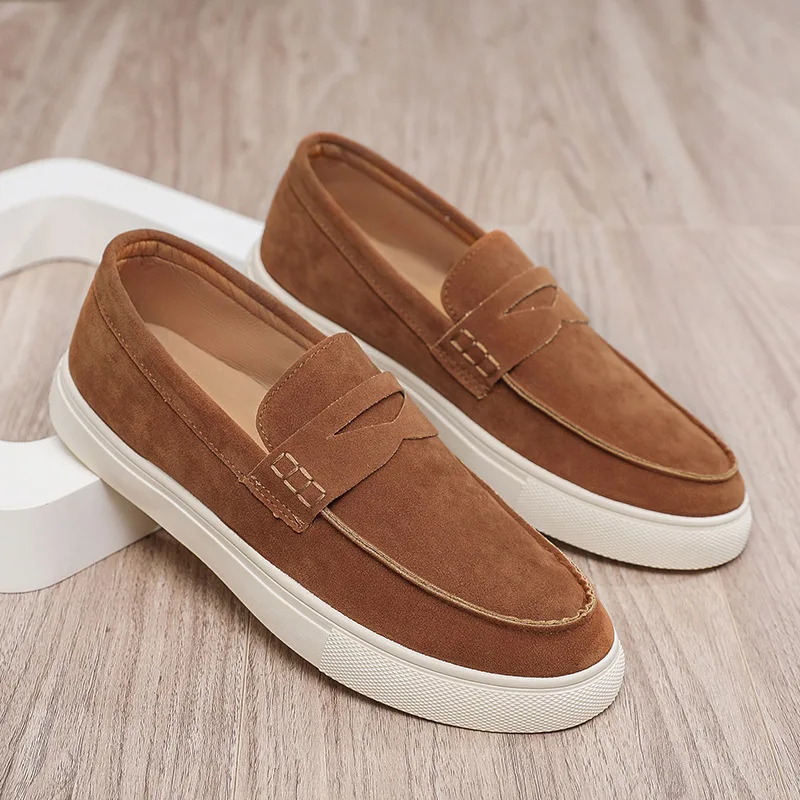 Fashion Men's Casual Single Shoes Low Cut Slip on Lazy Shoes Flat Bottomed Board Shoes Versatile Male Driving Moccasins Footwear
