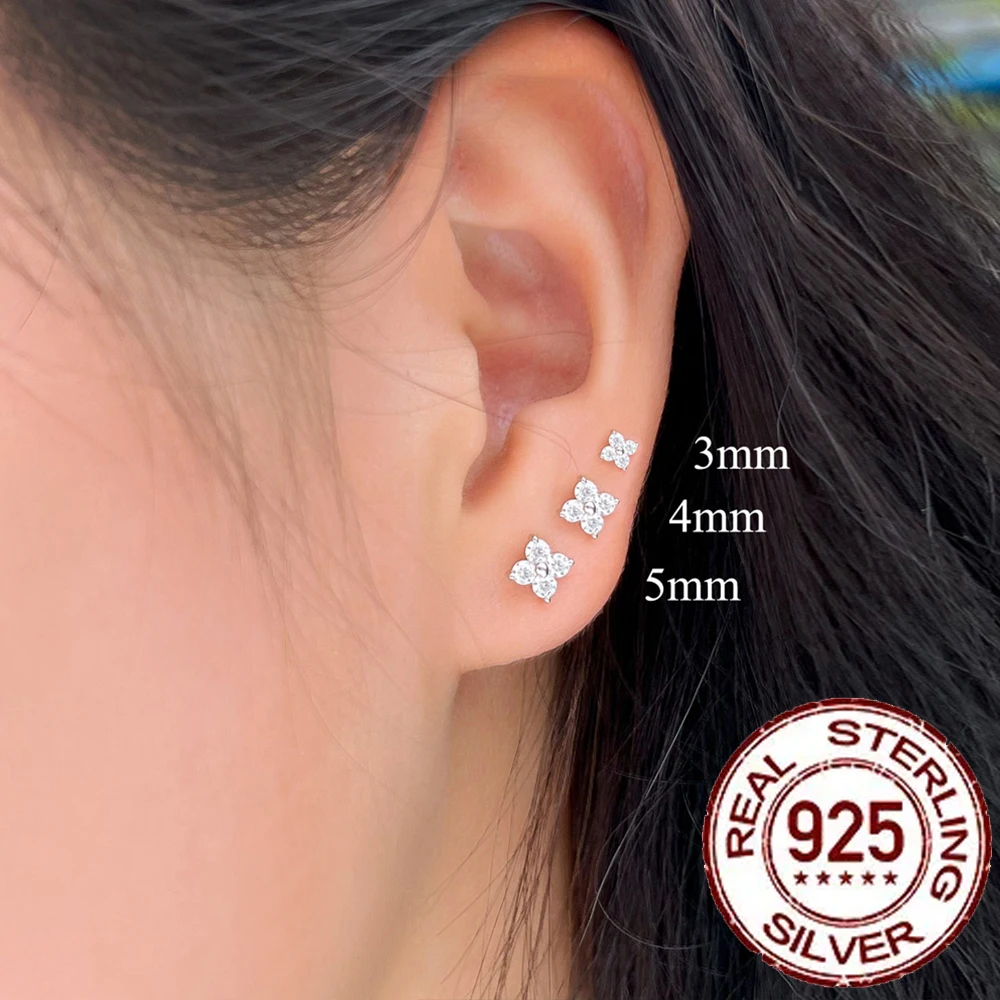 CWWZircons 925 Sterling Silver Mini Piercing Earrings Cute Flower Cubic Zirconia Fine Jewelry for Women Girl Wedding Party SE026