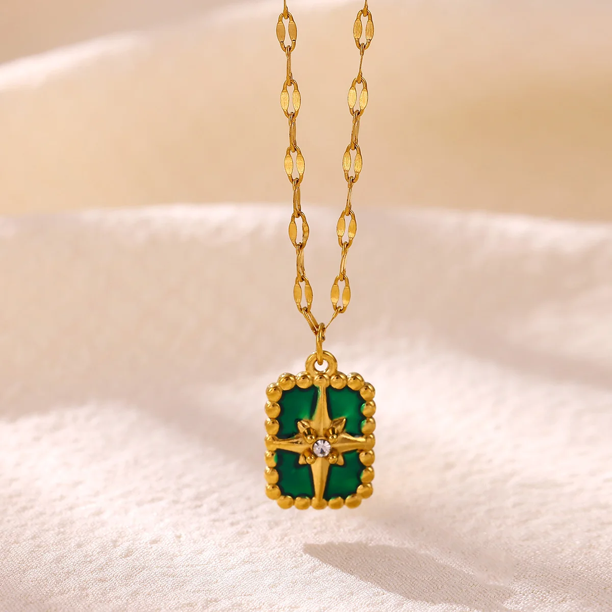 Vintage Green Enamel North Star Pendant Necklace For Women Square Tarot Medal Zircon Necklaces Fashion Jewelry Her Gift