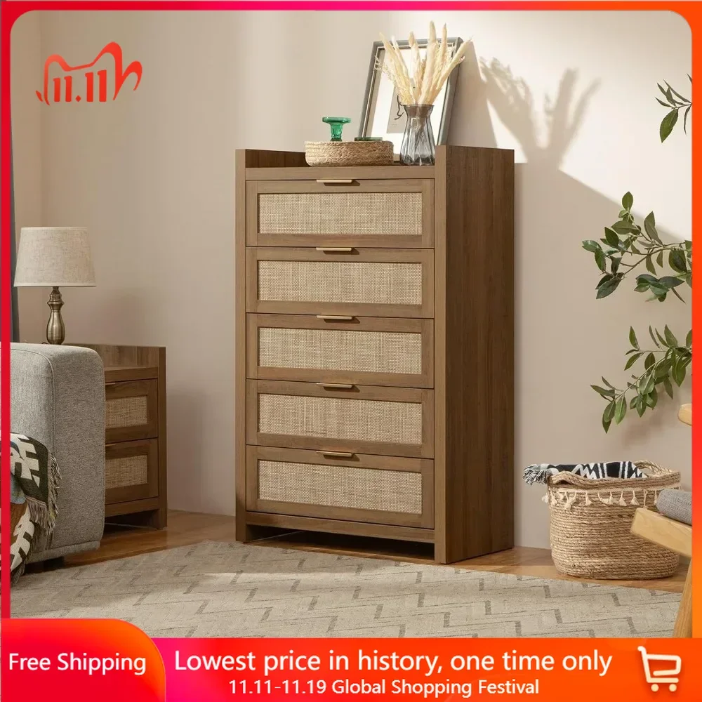 Tall Bedroom Drawers with 5 Rattan Wood Dresser, Sturdy & Durable, Safe & Secure, Easy To Assemble, Bedroom Storage Cabinet