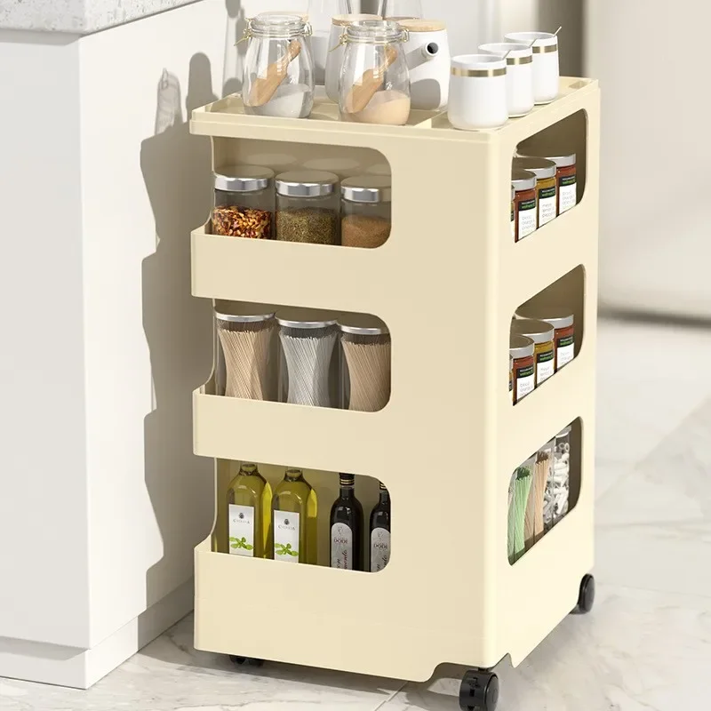 

*q forStorage Cabinet Living Room Bedroom Multifunctional Rotatable Cream Style Bedside Cabinet Trolley Snacks Cosmetic Shelves#