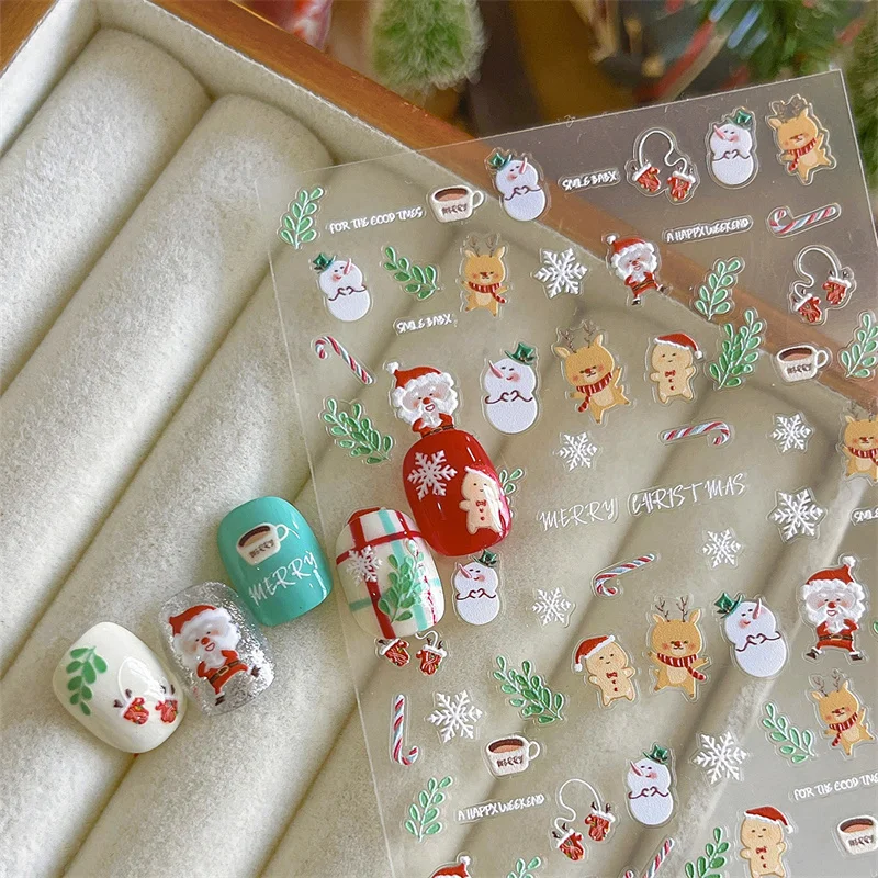 Christmas Nail Art Stickers Embossed Elk Cookie Snowflake Bell Candy Cane Nail Art Decals Adhesive DIY Manicure Salon