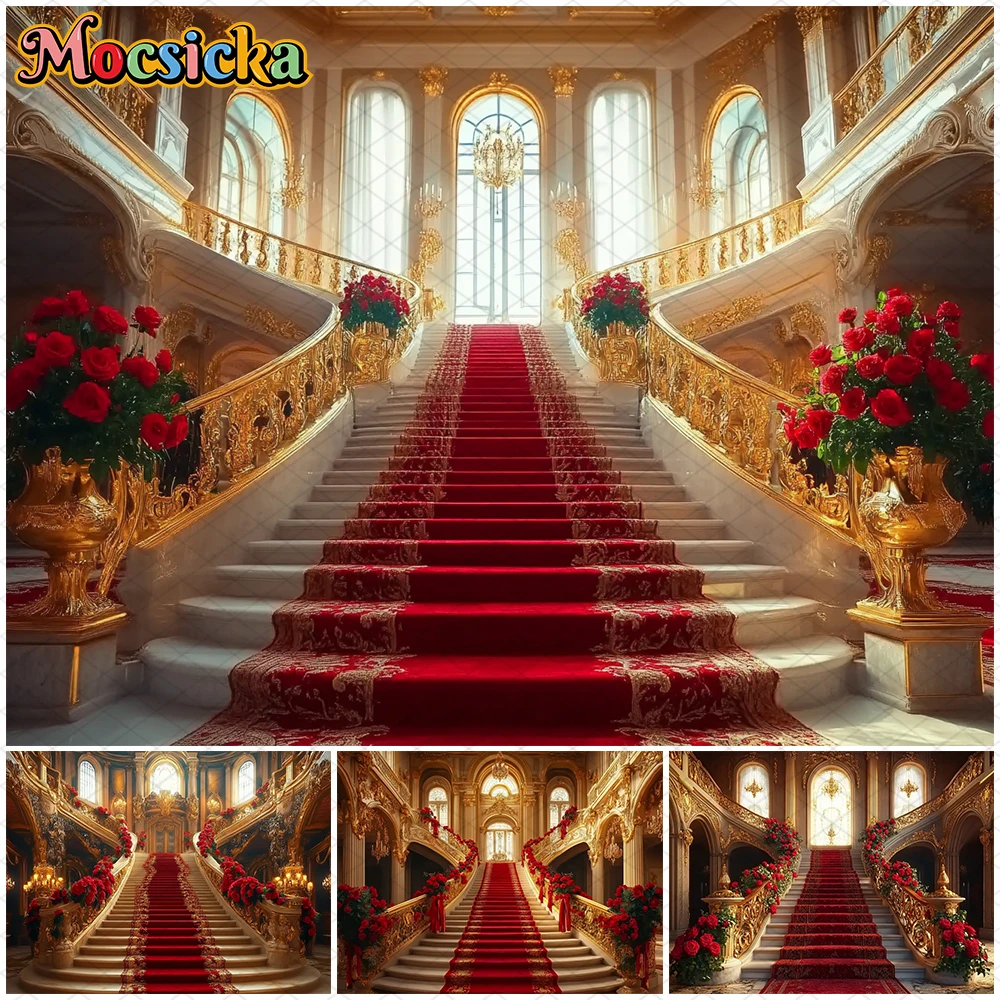 

Mocsicka Golden Palace Staircase Photography Background Red Rose Carpet Pattern Decorations Wedding Party Backdrop Studio Banner