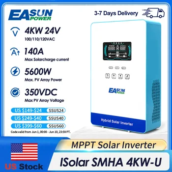 EASUN POWER 4KW 24V Inwerter Solarny Off Grid 140A MPPT 5600W Ładowarka Solarna Inwertery Hybrydowe Solarnie Czysta Sinusoida do Domu Wyświetlacz LCD 6.25 Cala Wersja Amerykańska