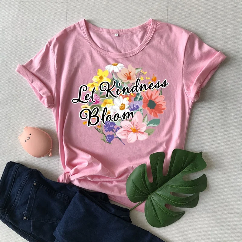 LET KIND NESS BLOOM Graphic Mom Mama Shirt Funny Kawaii 100%Cotton Women Tshirts Plus Size Short Sleeve Tees Hand-drawn Art Styl