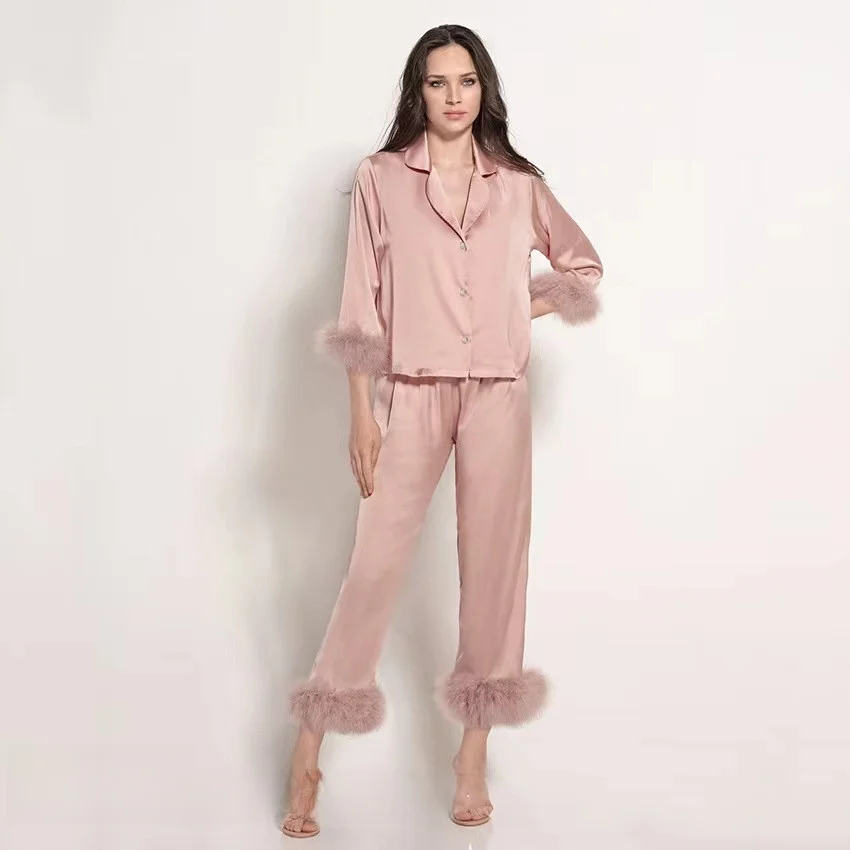 Feather Print Satin Ice Silk Loose Fit Home Wear Shirt Pants Set Women's Comfortable Sleepwear Long Pants Seven Sleeve Length