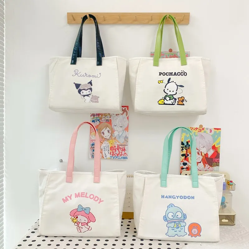 Sanrio Pochacco Canvas Bag Kawaii My Melody Kuromi Hangyodon Shoulder Bag Girl Heart Cute Cartoon Tote Shopping Bag Kid Gift