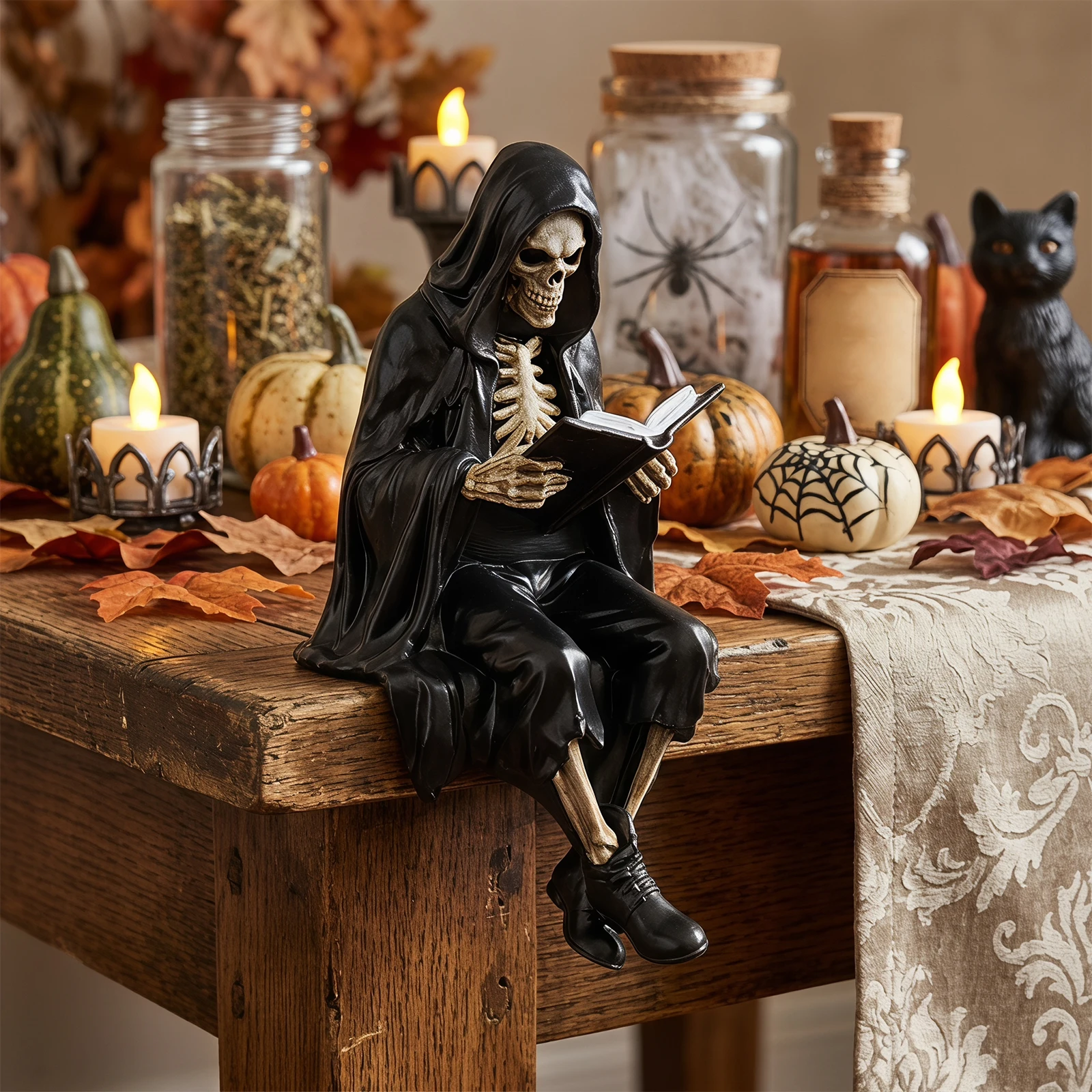 Gothic Faceless Skeleton Demon Reading Sculpture Trio, Black Resin Sitting Shelf Statue, Vintage Dark Art Study Room Decor
