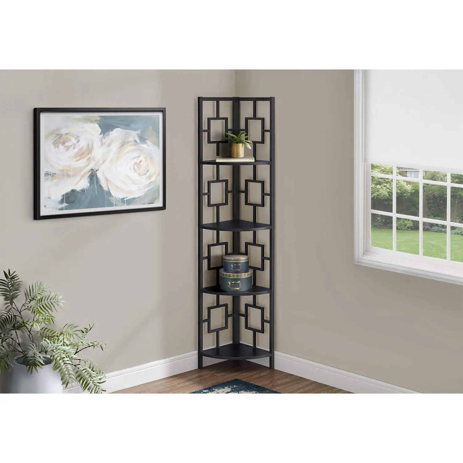 4 Tier Corner Bookshelf Etagere, Metal Laminate Frame, 62