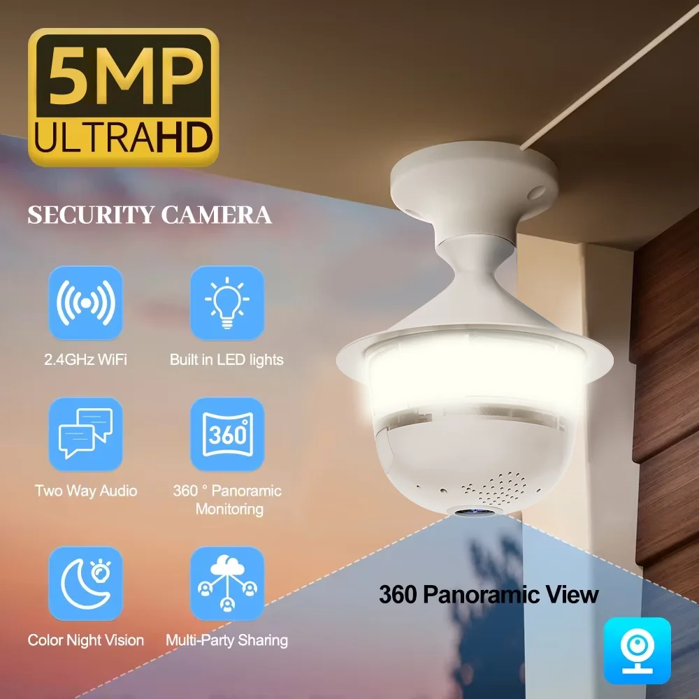 V380 Pro 5MP WIFI E27 Bulb Security Camera Full Color Night Vision Two-Way Voice Wireless Auto Tracking fisheye wifi camera
