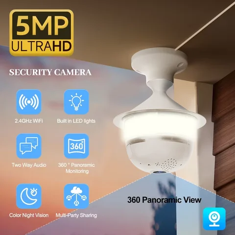 V380 Pro 5MP WIFI E27 Bulb Security Camera Full Color Night Vision Two-Way Voice Wireless Auto Tracking fisheye wifi camera