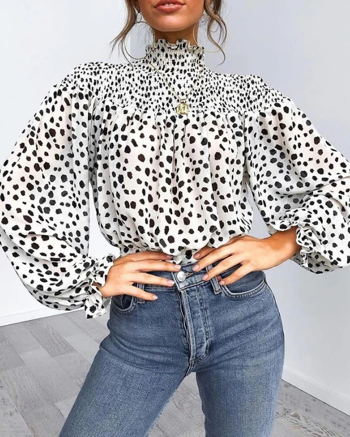 

Leopard Print High Neck Lantern Long Sleeve Tied Detail Blouse Loose Casual Tops