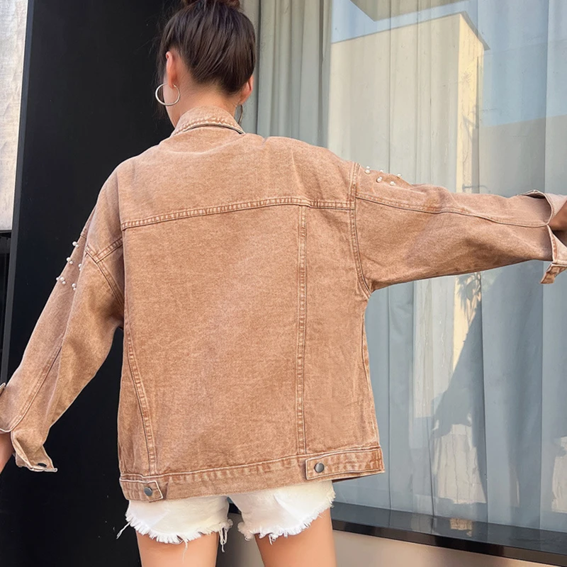 Veste en jean perlée pour femme, ample, surdimensionnée, Y2K, Vintage, Streetwear, manteau décontracté, mode Chic, nouvelle collection printemps automne 2025