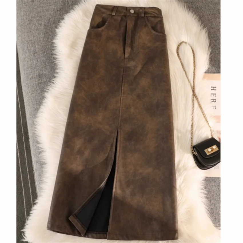 

Gowyimmes New Autumn Winter Big Size Women Solid PU Skirt Elegant Office Lady High Waist A-line Skirts Slim Bottomings Midi 1824