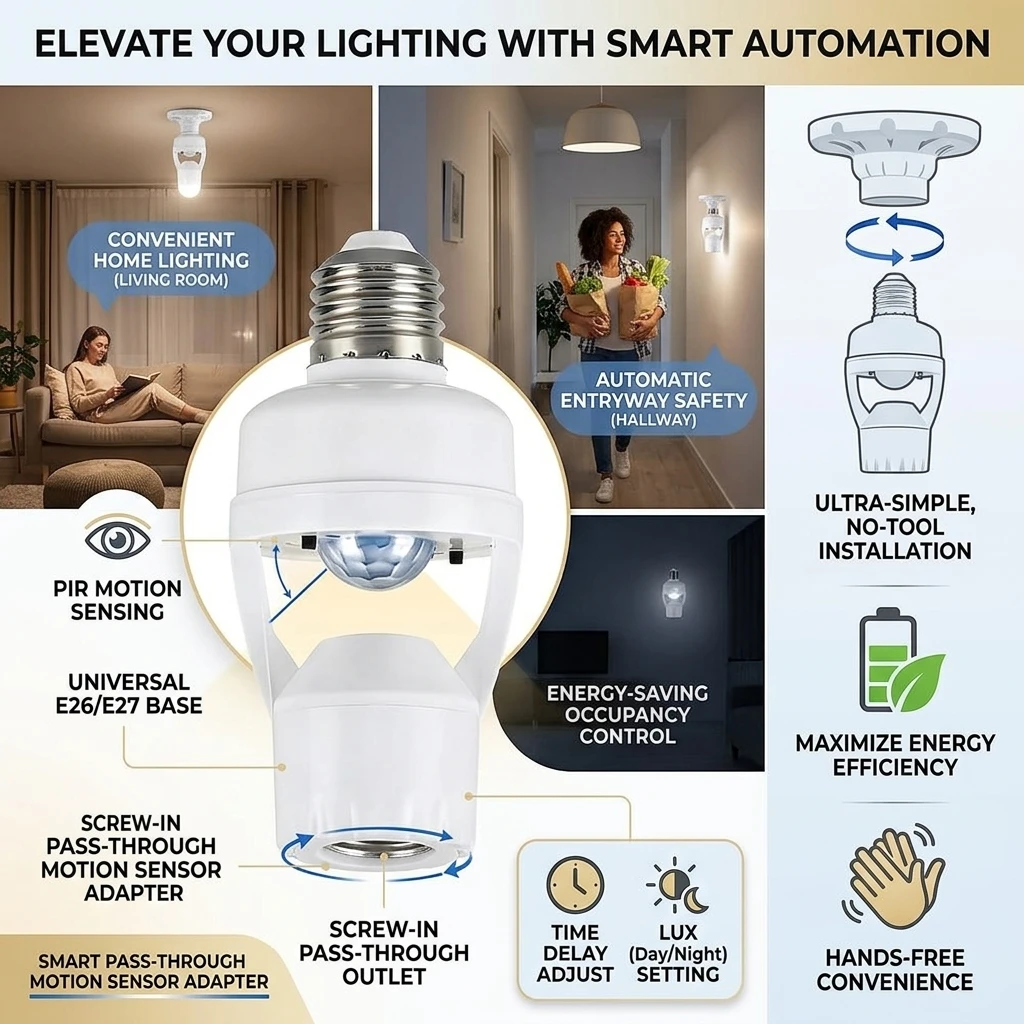 Motion Sensor Led Lamp Base E27 Socket Converter Light Bulb Holder Adapter Switch Adjustable PIR Human Induction Light Accessory
