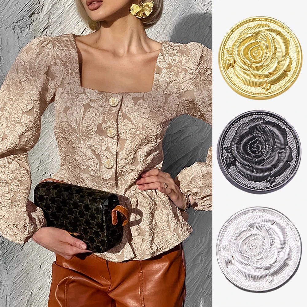 

Stylish, High-quality Metal Buttons with Striped Surface and Rose Design for Jacket, Coat and Cardigan, Set of 10 Round Buttons