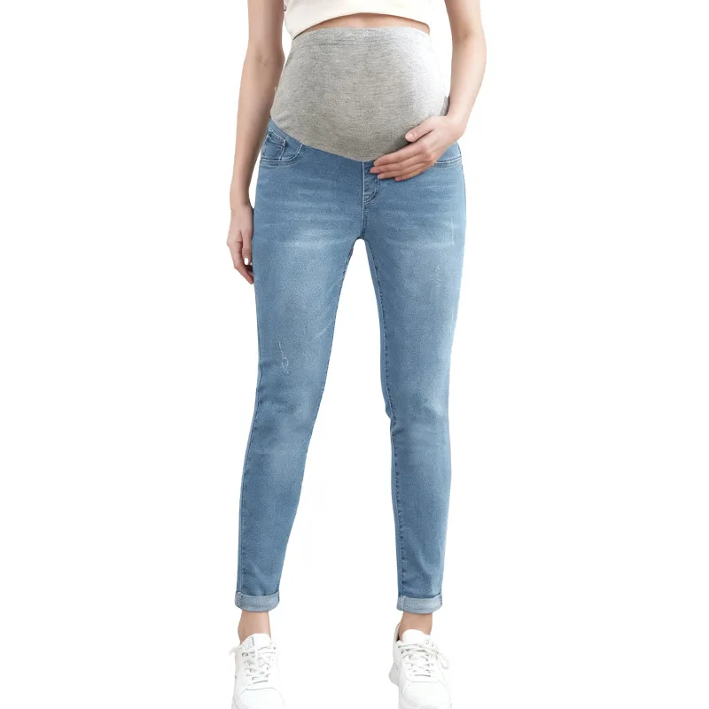 Maternity Denim Pants High-waisted Maternity Jeans 2026 New Spring Solid Color Slim Maternity Trousers Comfortable Denim Pants