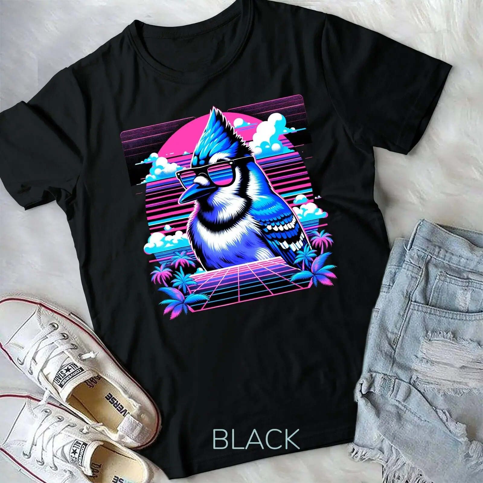 Cool Blue Jay Bird 80s Retrowave 90s Vaporwave Blue Jay Bird Unisex T-shirt