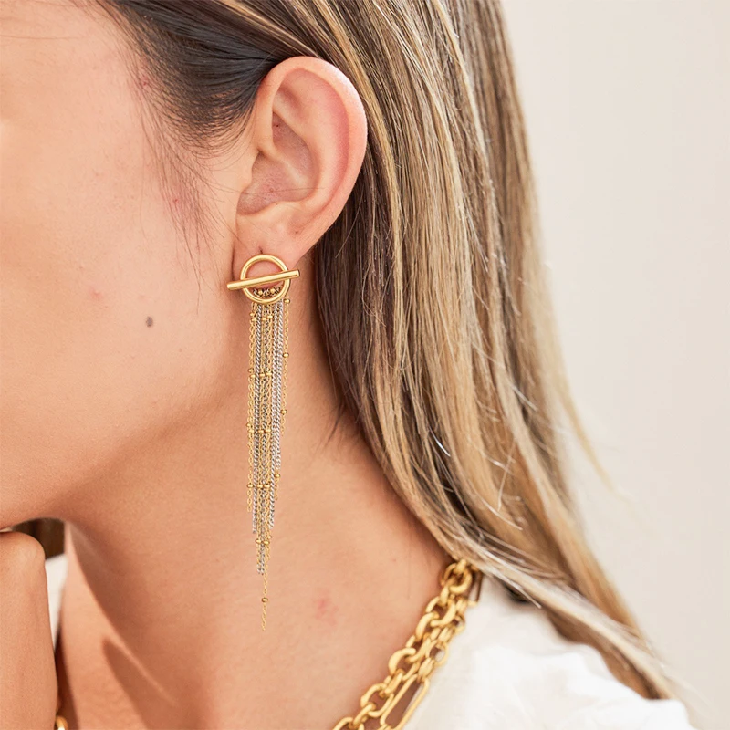 أقراط Ars ذات لونين شرابة للنساء من الفولاذ المقاوم للصدأ المطلي بالذهب عيار 18 قيراط أقراط متدلية من الفولاذ المقاوم للصدأ سلسلة طويلة أقراط بيان