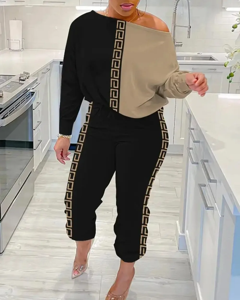 

Two Piece Set Women Outfit 2024 Summer Fashion Skew Neck Long Sleeve Top & Casual Drawstring Plain Daily Long Cuffed Pants Set