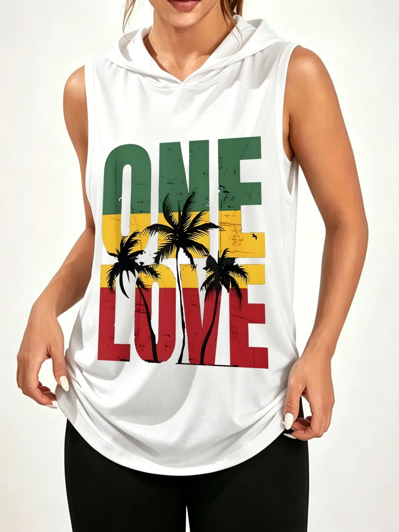 Unisex One Love Rasta Palm Tree Print Sleeveless Hooded Tank Top Tropical Reggae Beach Casual Hood Vest