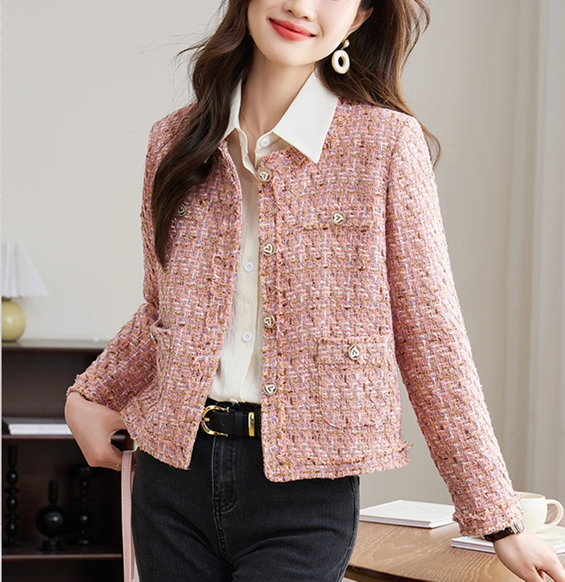 Luxury Pink Tweed Jacket Women Autumn and Winter New Fashion Short Houndstooth Coat Elegant Round Collar Long Sleeve Cropped Top