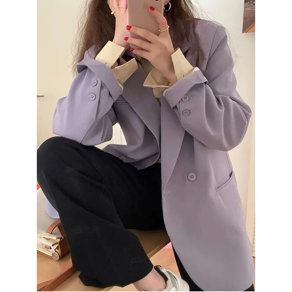 Korean Women Purple Suit Jacket Autumn Ladies Long Sleeves Blazer Coat New Advanced Feeling Female Double-breasted Outwear