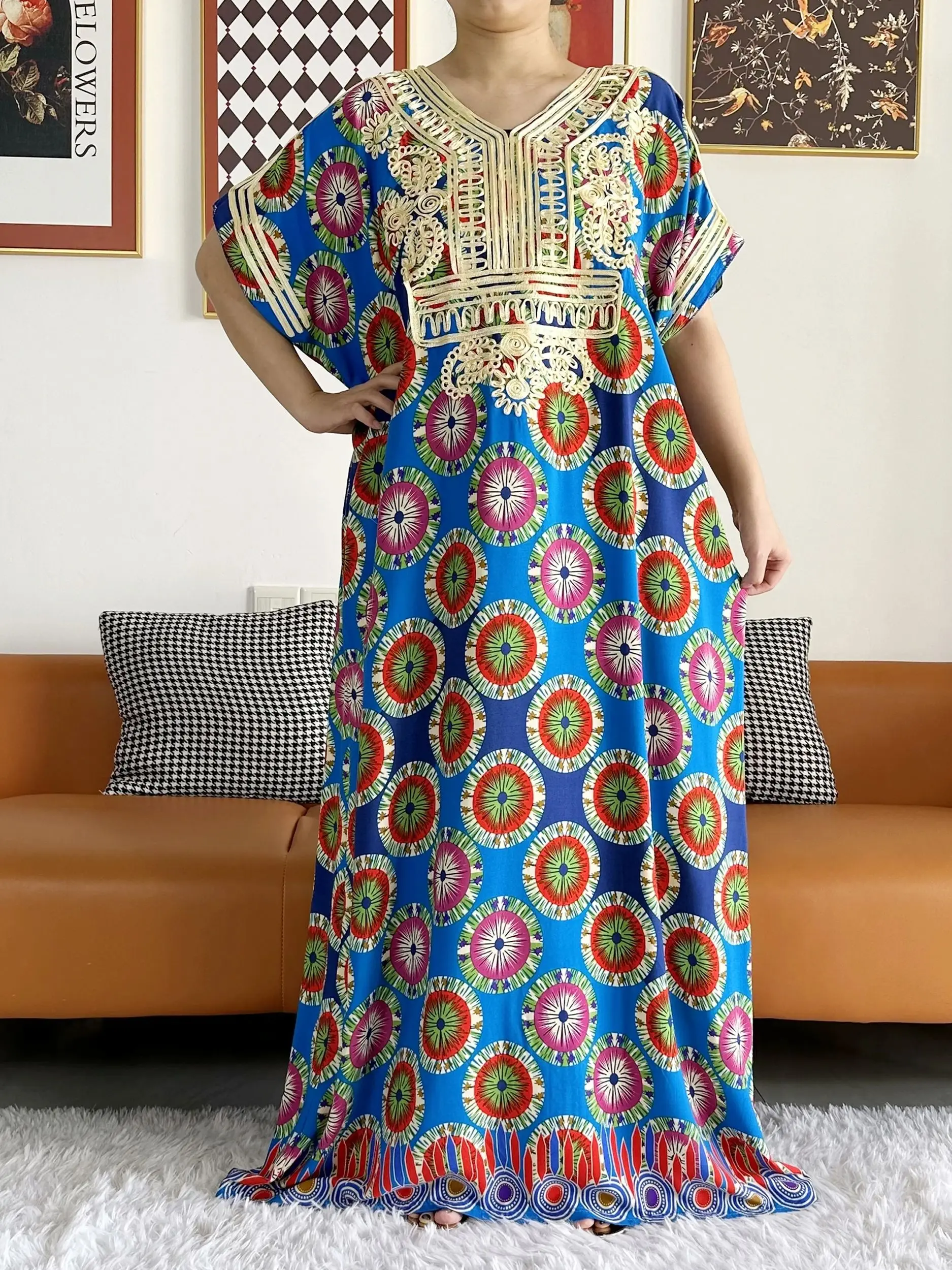 New Muslim Dress Summer Short Sleeve Dashiki Dress Embrioidery Floral Loose Boubou Maxi Islam Women Casual Dress Africa Clothing