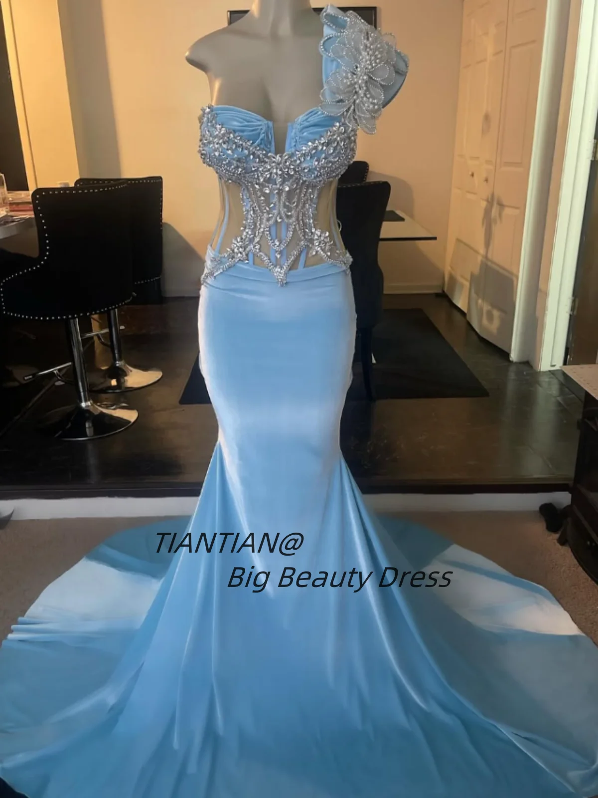 Luxury Rhinestones 3D Floral Pearl Prom Dresses One-shoulder Mermaid Evening Party Gowns Customized vestidos de fiesta elegantes