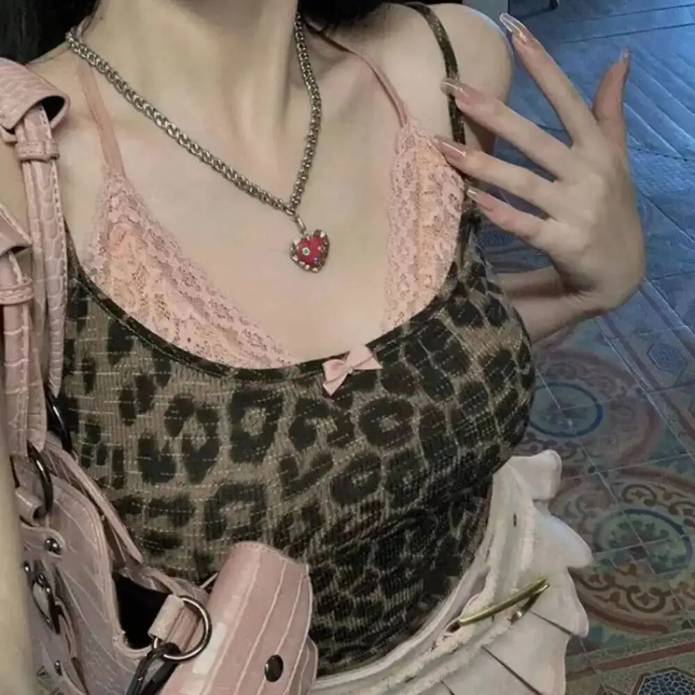 

Moda Streetwear Trendy Fairycore Y K Vest Women Casual Fake Two Pieces Lace Leopard Sling Top Pure Desire Slim Goth Shirt