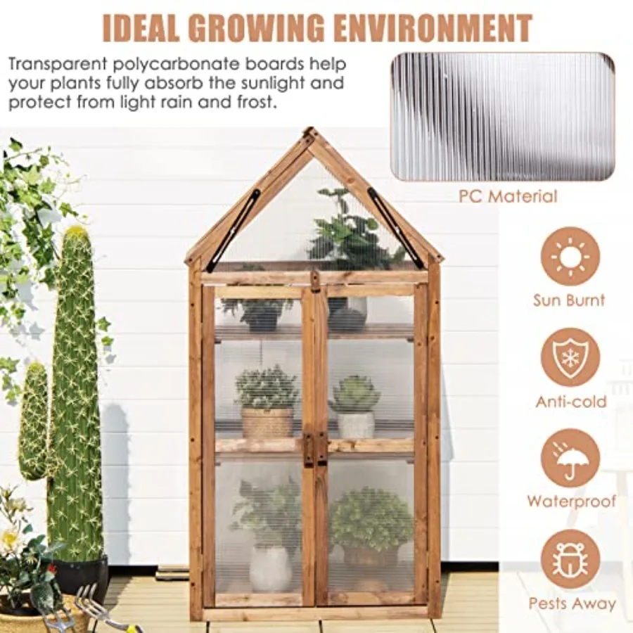Wooden Cold Frame Greenhouse for Outdoor Use, Natural Wood Color with 3 Removable Shelves for Versatile Plant Growing