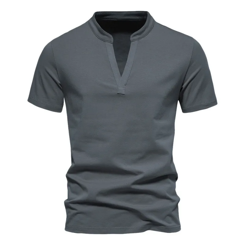 

Men's Fashion Deep V-neck Short Sleeved T-shirt Cotton Elastic Base Shirt Summer Male Stand Up Collar Solid Color Breathable Top