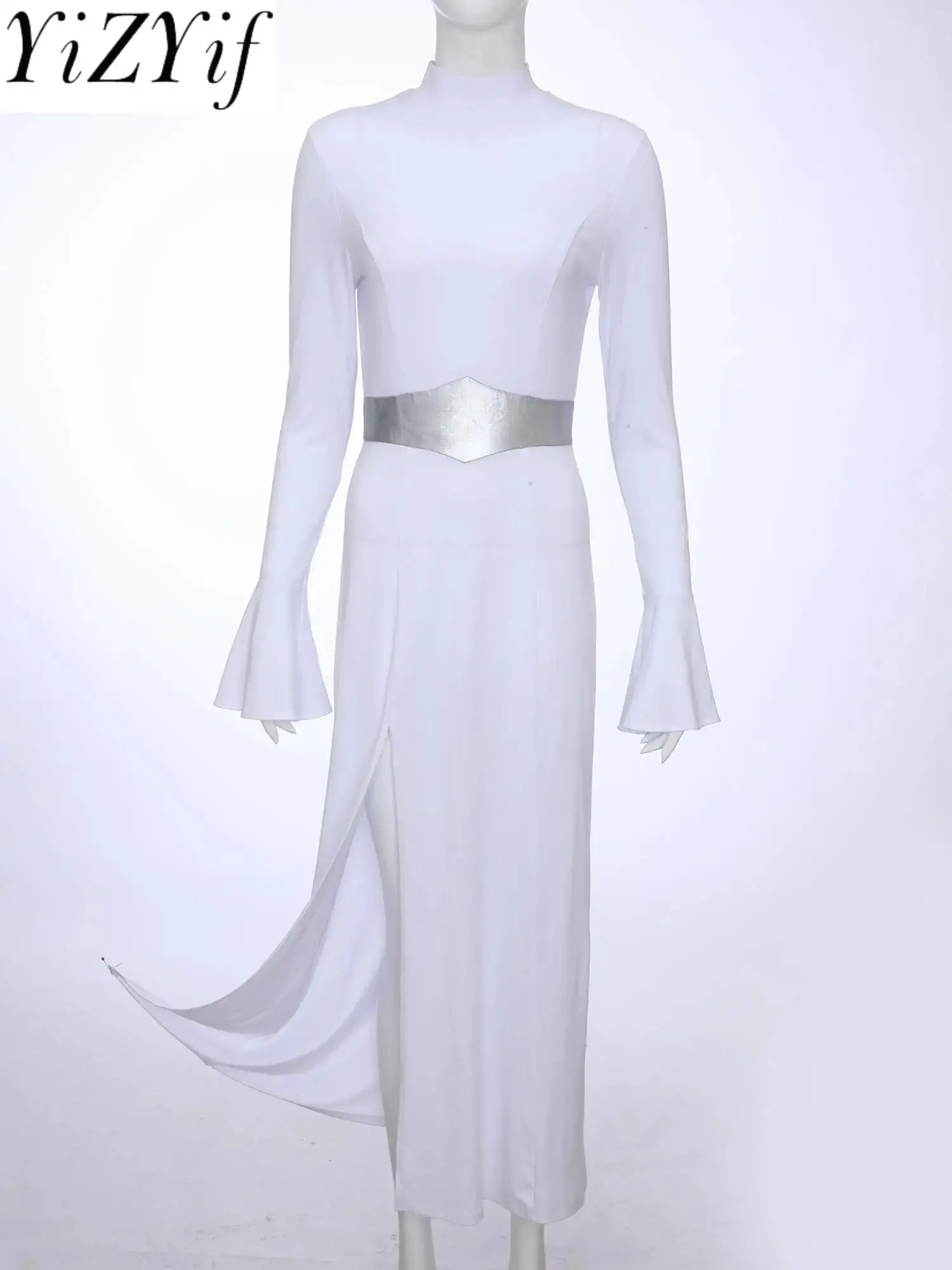 

Women‘s Purity White Space Princess Cosplay Dress Long Sleeve Metallic Shiny Maxi Dress for Halloween Party Festival Gown Dress