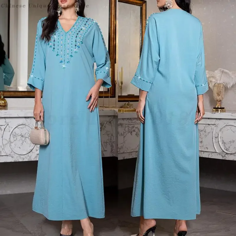 

Синие абайи Кафтан Арабские женские вечерние платья Бисероплетение Мусульманские платья Ближнего Востока Ислам Арабский Саудовский халат Марокко Дубай Платье