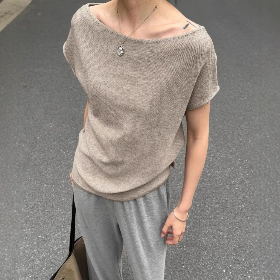 

2026 New Women Knit Tops Summer Elegant Linen Blend One Shoulder Oblique Neck Loose Short Sleeve Casual Fashion Blouse