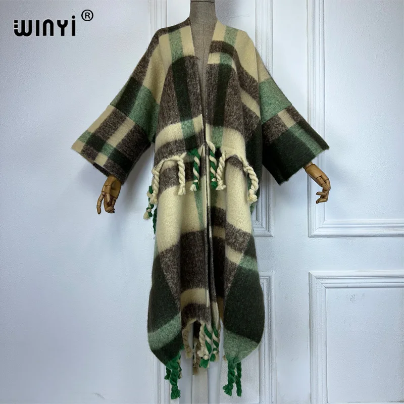 WINYI Winter African cardigan print abaya dubai luxury outfits for women Fringed coat Open Front Kimono long down party dress