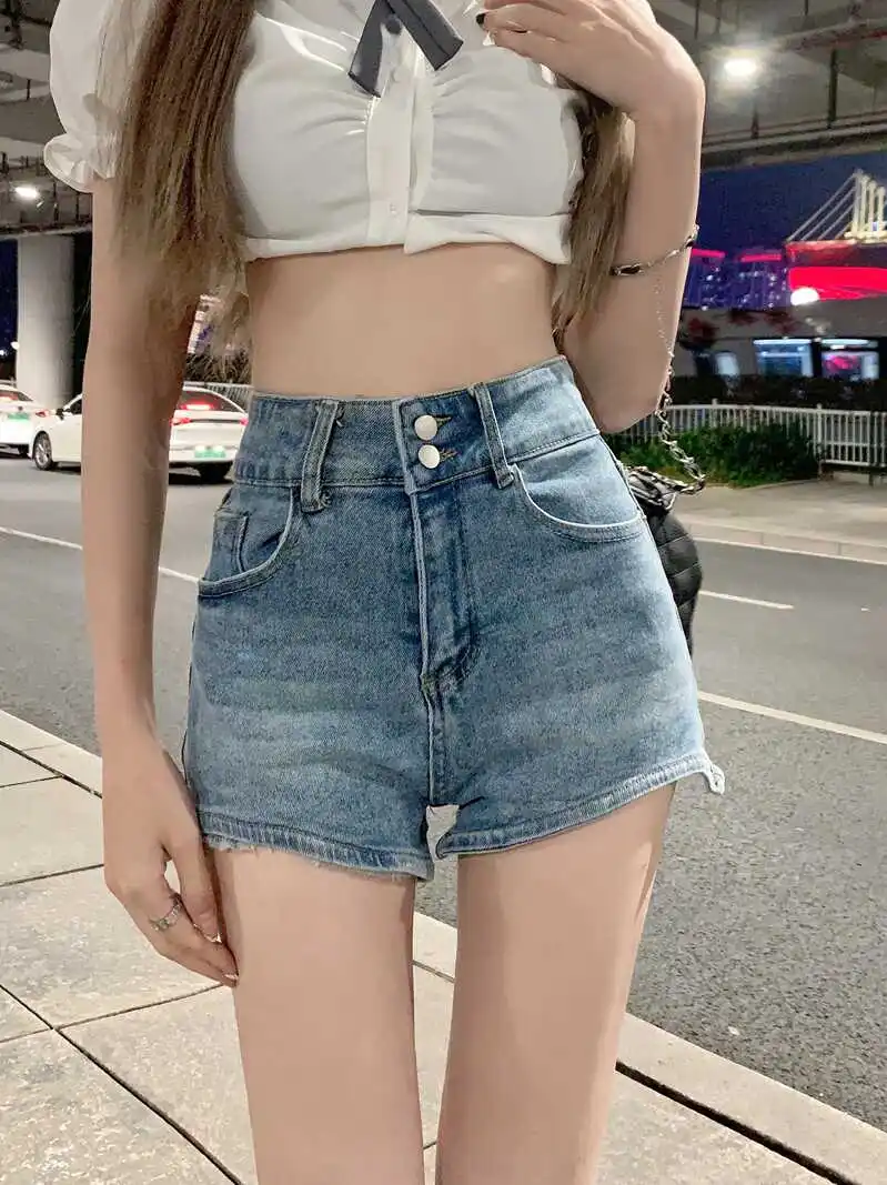 High Waist A-Line Short Jeans Women's Summer New Style Double Buckle Slimming Sexy American Retro Elasticity Hot Pants