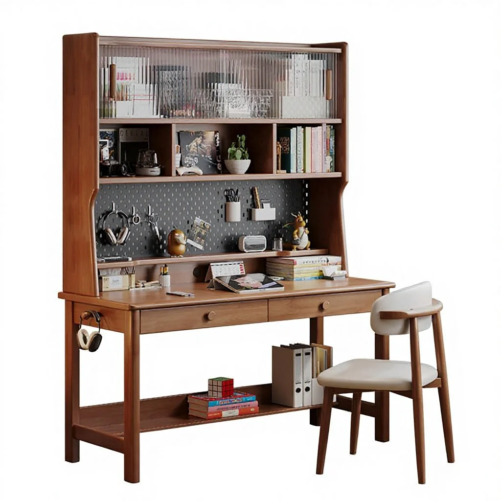 

￥%Student Nordic Style Solid Wood Multi-Functional Computer Study Desk with Pegboard Bookcase All-in-One Home Use
