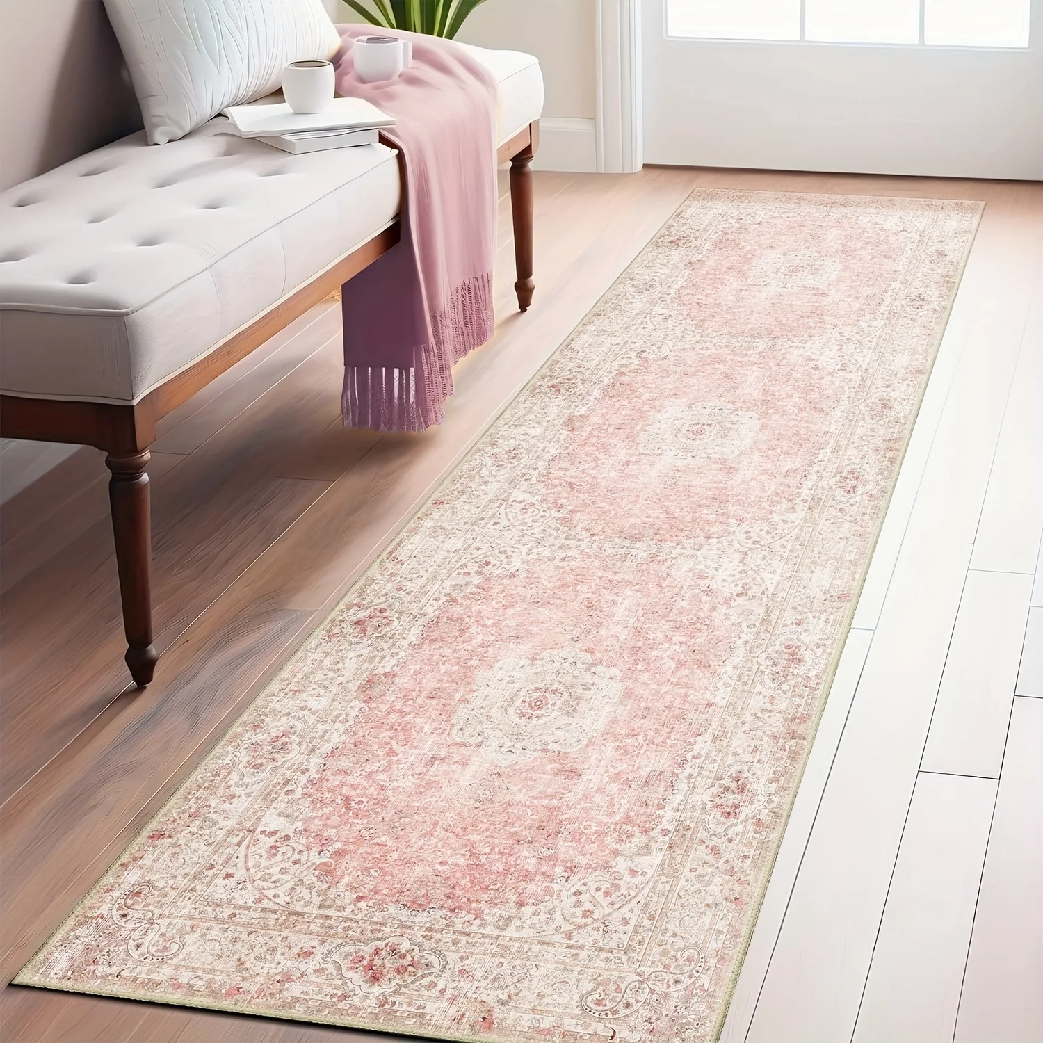 Washable Indoor Runner Rug Made of Faux Cashmere Features a Pink Color and Is Suitable for Hallways Kitchens Bedrooms Entrance