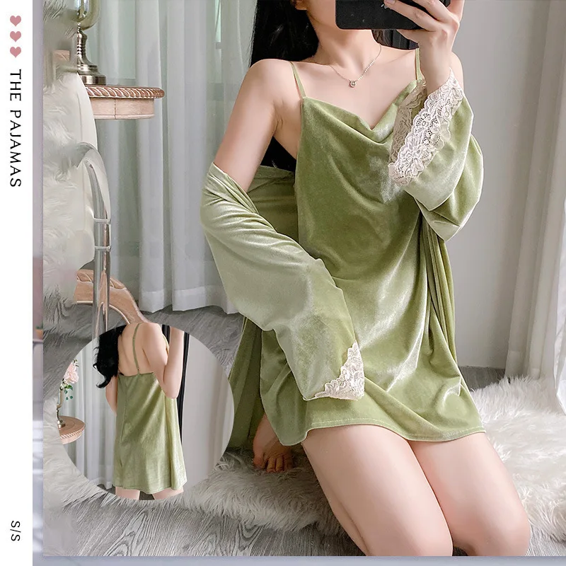 

Осенний новый велюровый халат, комплект сексуального нижнего белья с кружевной отделкой, женская одежда для сна, короткое кимоно, халат, пижама Mujer, бархатная ночная рубашка