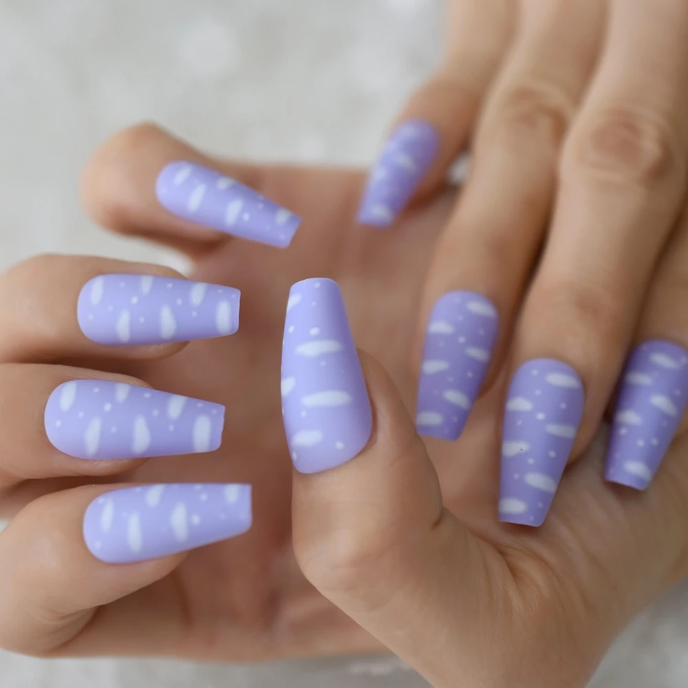 Summer Cloud Nails Matte Lavender Purple Coffin Faux Ongles Cloudy Dot Long Artificial Nails Frosted Style 24