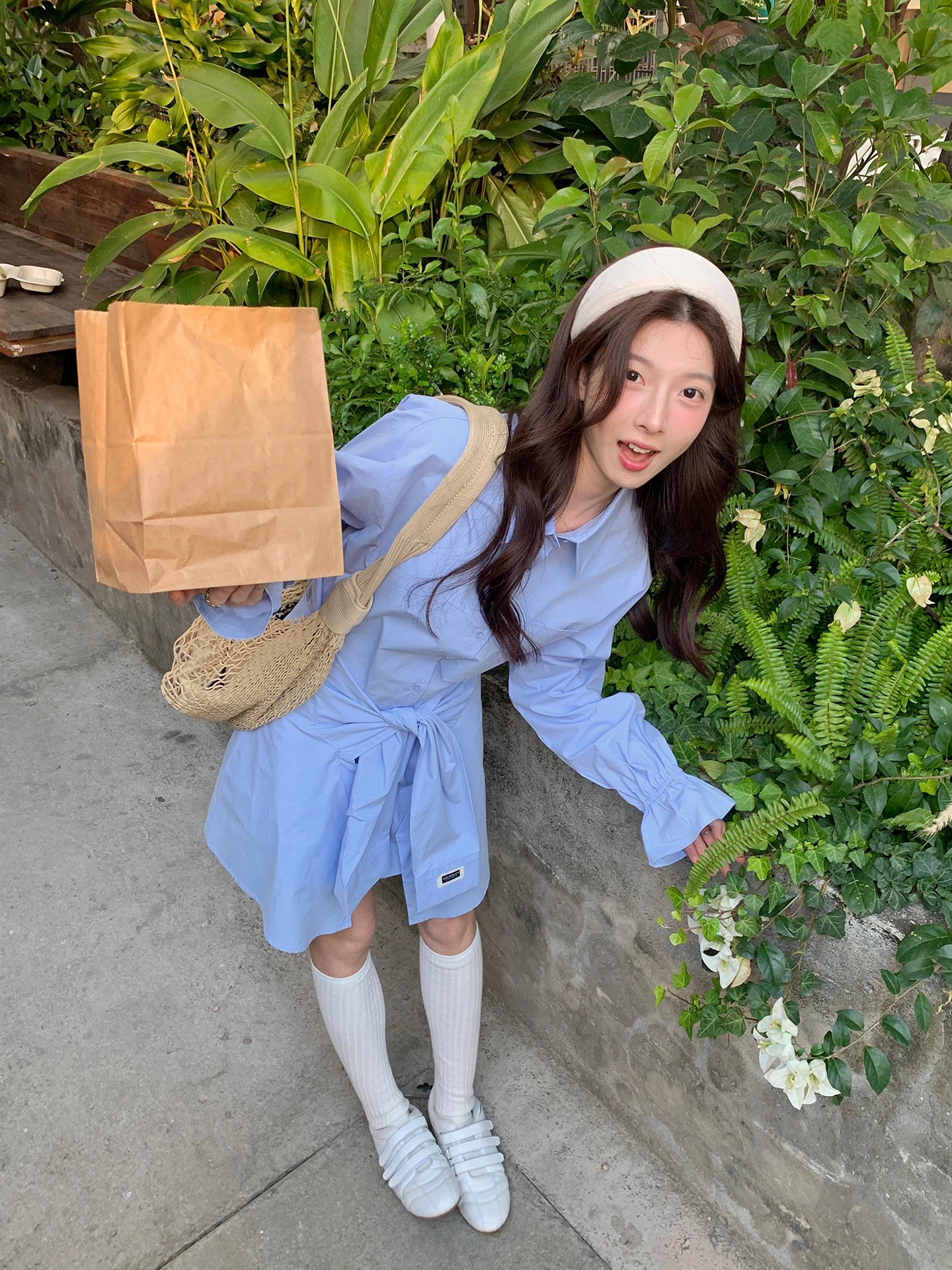 

Loose Blue Long Sve Women's irt Design Sense Korean Sle Tie Waist Curtain f Skirt Two Piece Set Cheese Rabbit