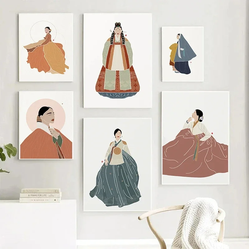 1pc frameless Canvas Painting Korean Hanbok Boho Art Posters and Prints Canvas Printing Modern Minimalist Asian Wall Picture for