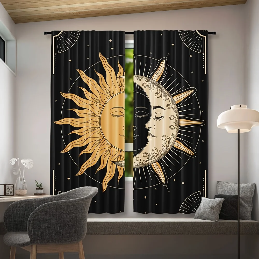 Golden Sun Moon Face Curtains 2 Panels, Celestial Star Mystic Vintage Tattoo Art Solid Black Background for Boho Bedroom Curtain