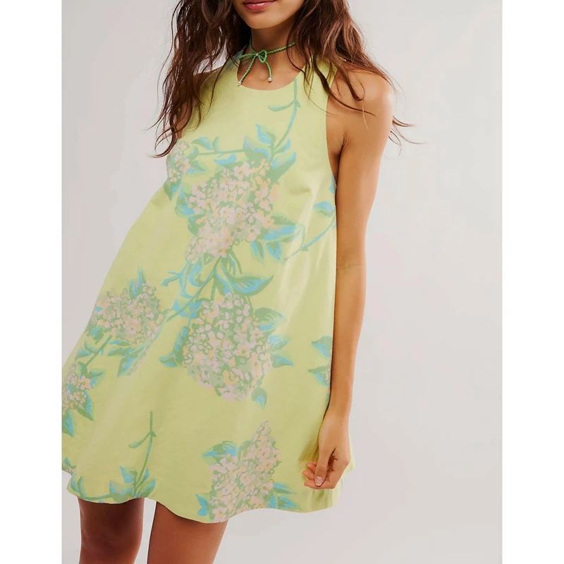 Minivestido corto holgado con estampado Floral Vintage Y2K para mujer, cuello redondo, sin mangas, con botones en la espalda y agujero recortado, corte en A, verano